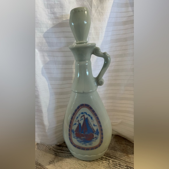 Vintage 1963 Jim Beam Whiskey Decanters Blue Milk Glass Sail Ship Windmill Cork - Picture 1 of 3